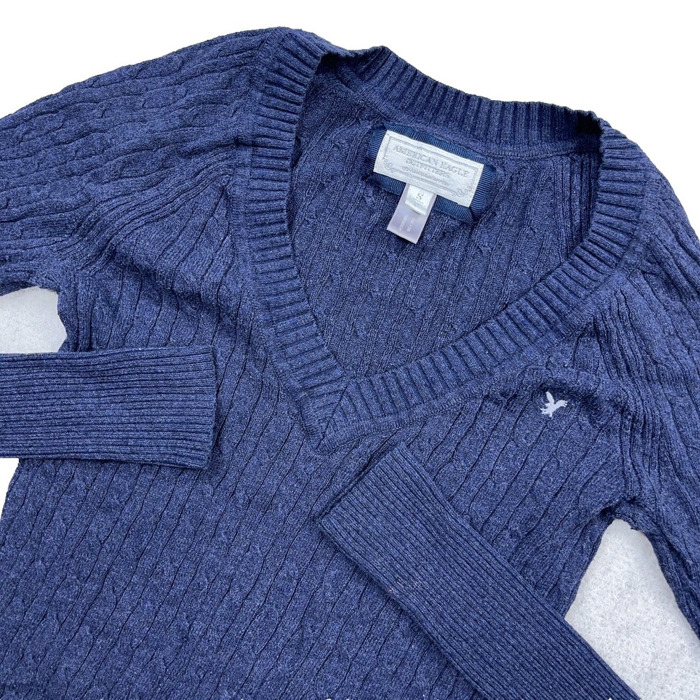 Vintage Y2K American Eagle Sweater Women Small Blue Cable Knit Fitted Bella